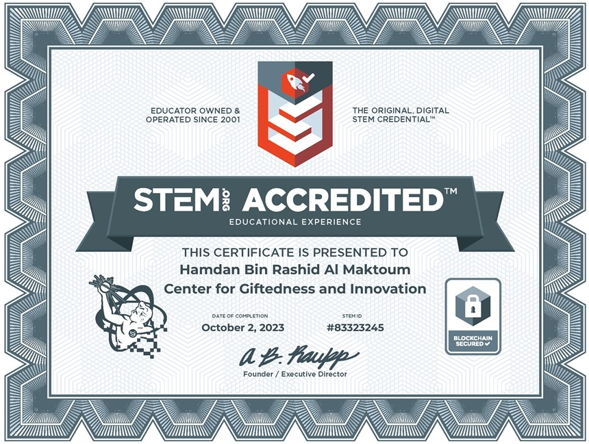 STEM.org Accredited Educational Experience certificate presented to the Hamdan Bin Rashid Al Maktoum Center for Giftedness and Innovation